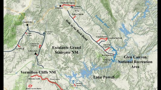 Podrobnější mapa Escalante Grand Staircase NM, Vermilion Cliffs NM a Lake Powell